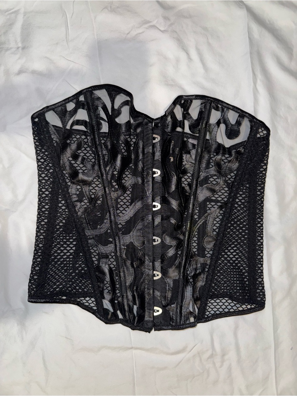 Black Lace-Up Fishnet Waist Cincher Corset - Women Intimates